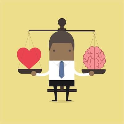 Illustration of African-American man holding a scale with his heart and his brain on each side. People's Feelings pbs rewire