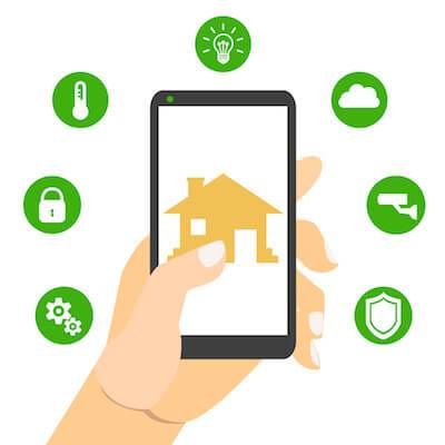 Illustration of first-time homebuyer holding smart phone connected to smart house. pbs rewire