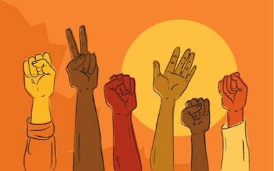 Diverse hands raised in peaceful protest. pbs rewire