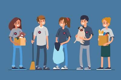 Illustration of different types of young volunteers. Philanthropy pbs rewire