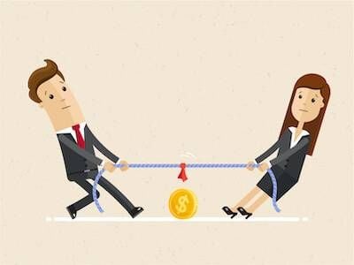 Illustration of couple playing tug-of-war over money. Talking Points pbs rewire