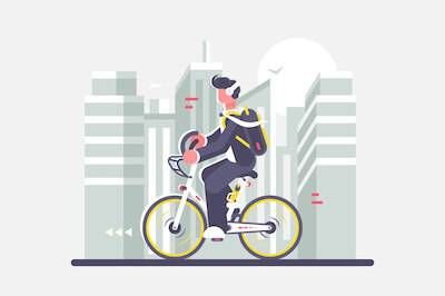 Illustration of man riding bicycle while listening to podcast. Change careers pbs rewire