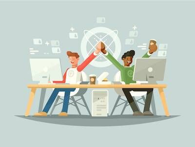 Illustration of two coworkers high-fiving at their desks. Microaggressions pbs rewire