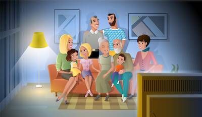 Illustration of extended family watching television together. Broken Family pbs rewire