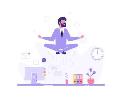 Illustration of business man meditating above his work desk. Mental Health pbs rewire