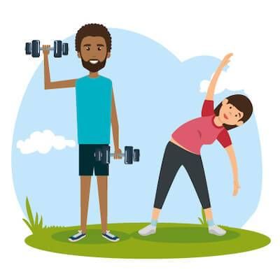 Illustration of man and woman doing light exercise. Taking Care of Yourself pbs rewire