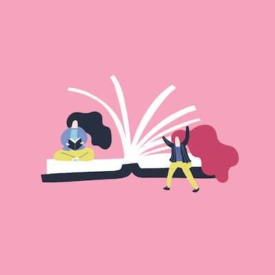 Illustration of two women reading a book inside a larger book. Love Reading pbs rewire