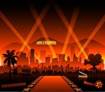 Illustration of red carpet event in front of Hollywood sign. Academy Age Gap pbs rewire