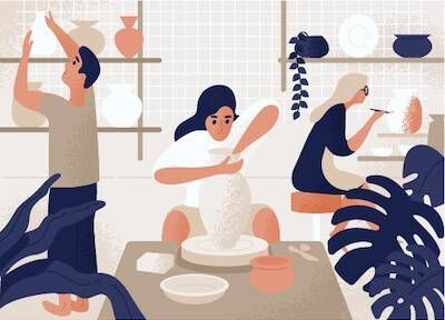 Illustration of woman working on pottery. Childhood hobbies pbs rewire