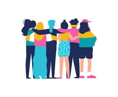 Illustration of the back of group of friends with arms around each other. Sibling Relationships pbs rewire