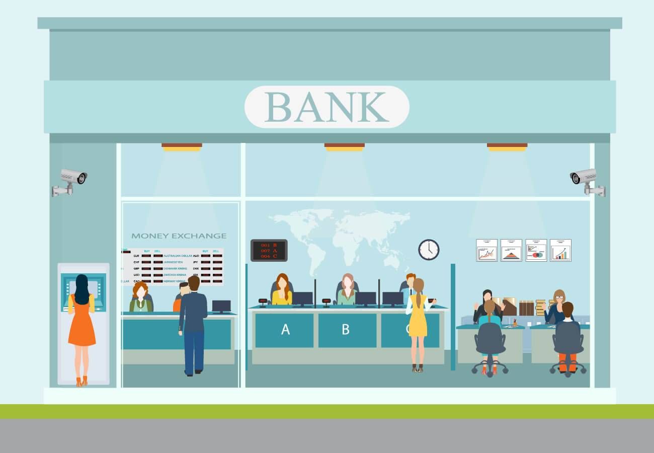 Illustration of a bank front with people at an ATM, at the counter exchanging money or talking to a teller and meeting with bankers at desks. Rewire PBS Traditional Bank
