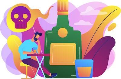 Illustration of man surrounded by bottles of alcohol. Sober Curious pbs rewire