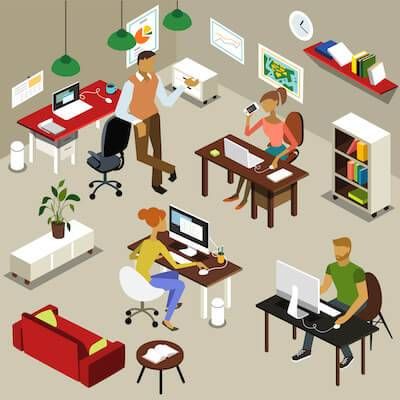 Illustration of employees in an open office. pbs rewire