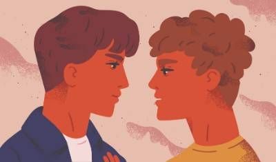 Illustration of gay couple looking at each other. STD Talk pbs rewire
