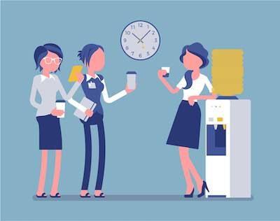 Illustration of three women talking at the water cooler. Compliment People pbs rewire