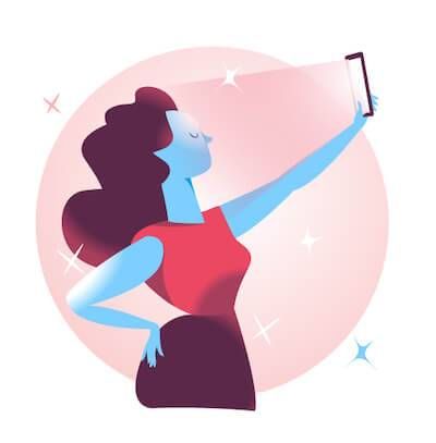 Illustration of woman taking a glamorous selfie of herself. Authentic on Social Media pbs rewire