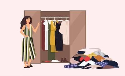 Illustration of woman going through her work wardrobe. pbs rewire