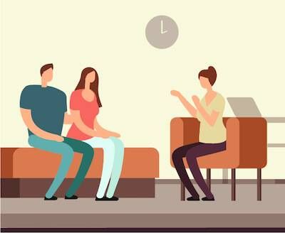 Illustration of couple talking to psychologist in couples therapy. pbs rewire