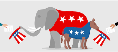 Illustration of political party mascots holding hats out for ballots. Stay Politically Informed pbs rewire