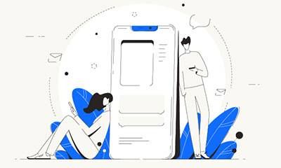 illustration in a line drawing style of a large phone and a man on one side and a woman on the other, both with devices. Rewire PBS Living Texting