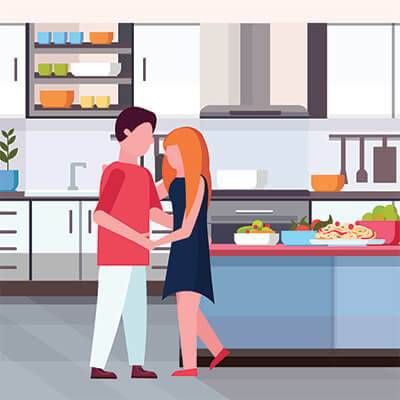 An illustration of a couple hugging in their new kitchen. Rewire PBS Love Buy a House