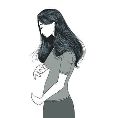Illustration of a sad young woman holding her imaginary belly. Rewire PBS Love Miscarriage
