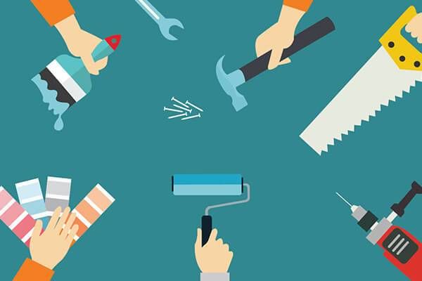 Illustration of different hands holding a paint brush, paint swatches, a hammer, a saw, a roller and a drill. Rewire PBS Work Trade School