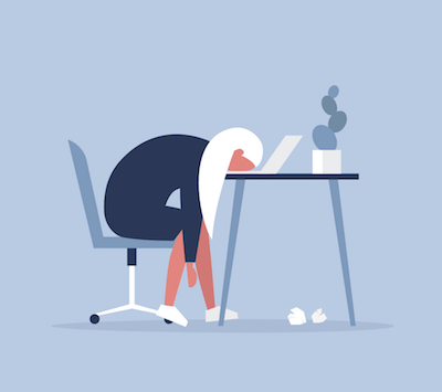 Illustration of person slumped over at their desk. Rewire PBS Living Daily Suicidal Thoughts
