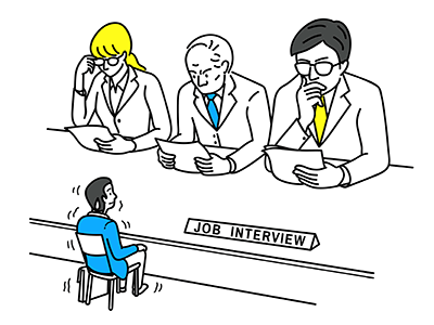 A man is nervous at a job interview in front of interview panel. REWIRE PBS Work Extroverts