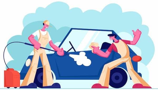 Illustration of two people washing a car. Rewire Living PBS Old car