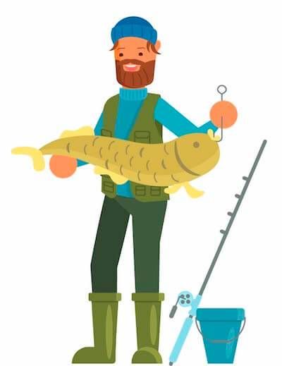 Bearded fisherman with big fish on his hook. Rewire PBS Living Alone Time