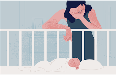 A tired mom leans over her baby's crib. Rewire PBS Love Young Mothers