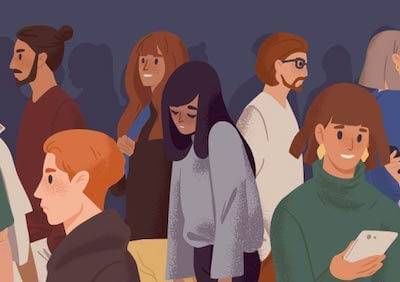 illustration of a bunch of young adults and one person in the middle, looking sad. Rewire PBS Love Background friend