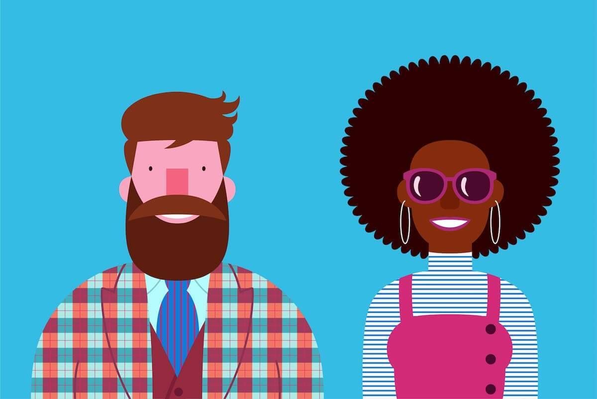 Illustration of a white man and a Black woman. Rewire PBS Love Racial