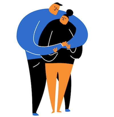 An illustration of two people hugging with their eyes closed. Rewire PBS Living Loneliness