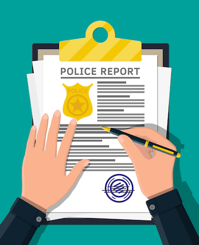 Illustration of a police report being filled out by a police officer. Rewire PBS Living Police