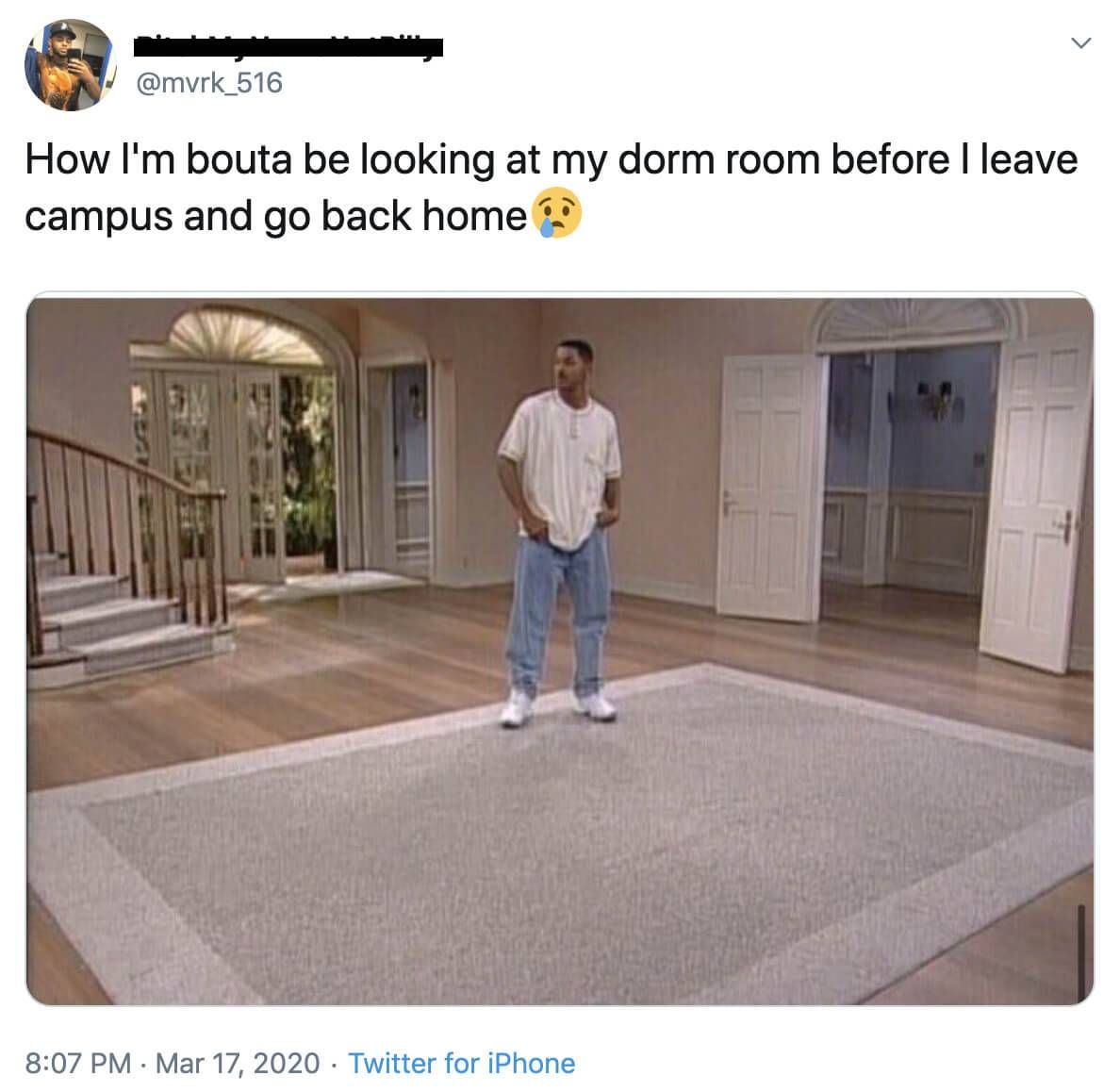 Screenshot of a tweet about moving out of the dorm. Rewire PBS Living Anxiety