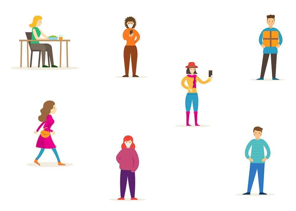 Illustration of a group of people physically distancing themselves.