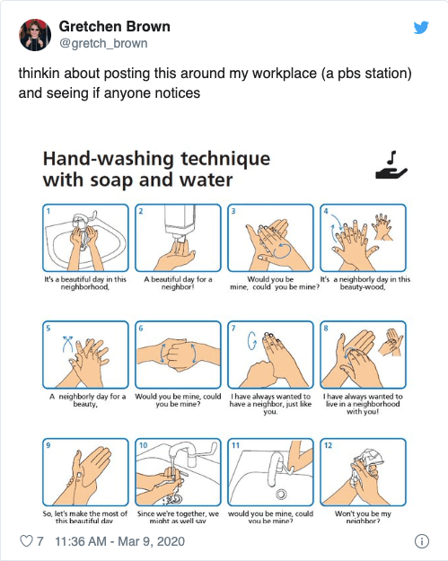 Screenshot of a post from Twitter about washing your hands while singing the Mister Rogers' Neighborhood theme song. Rewire PBS Love Coronavirus
