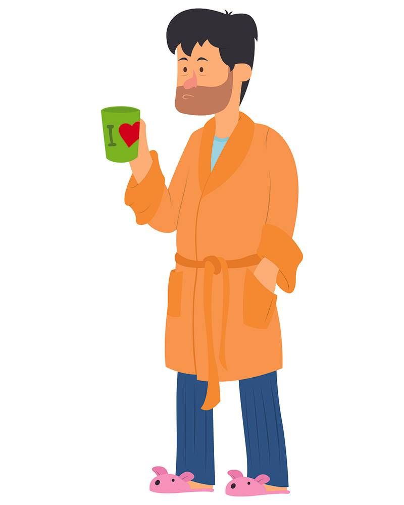 Illustration of a tired, disheveled man wearing a bathrobe and drinking coffee. Rewire PBS Health Mental Health