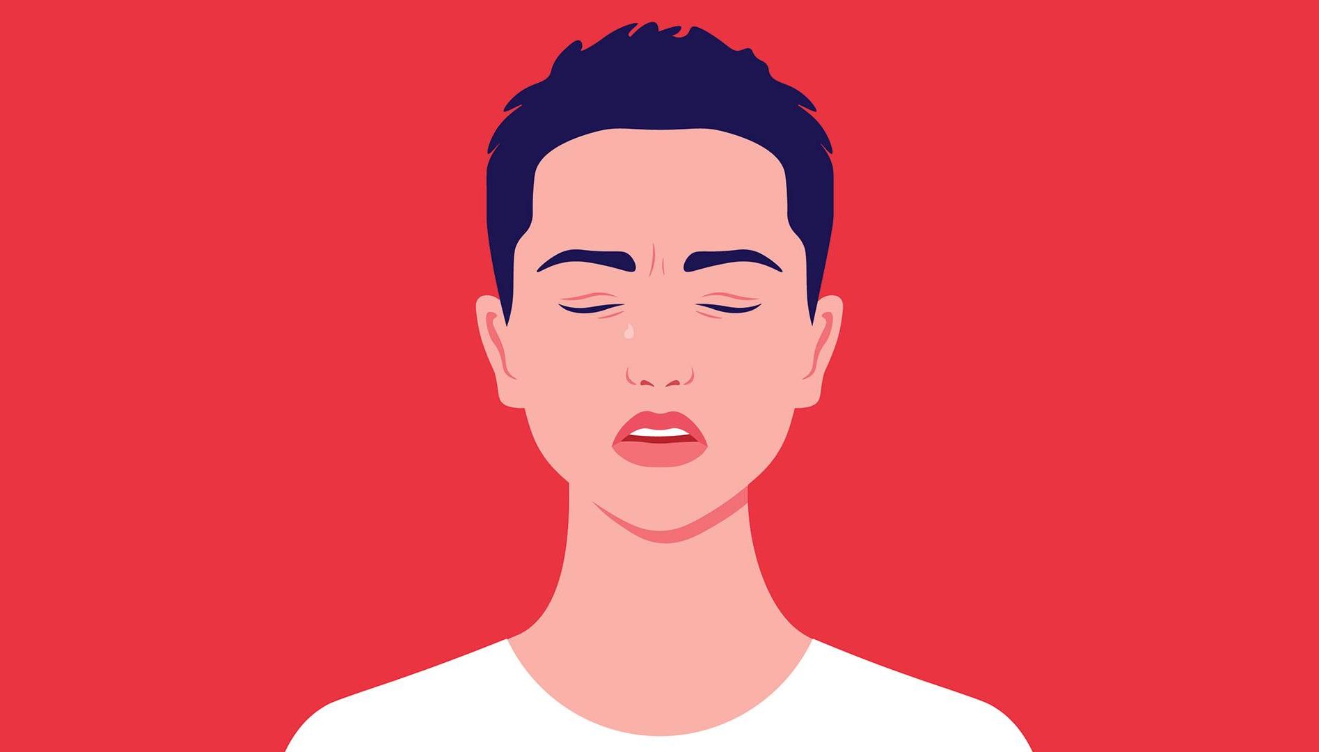 Illustration of a woman with a short, cropped hair, eyes closed and a single tear. Rewire PBS Health Domestic Abuse