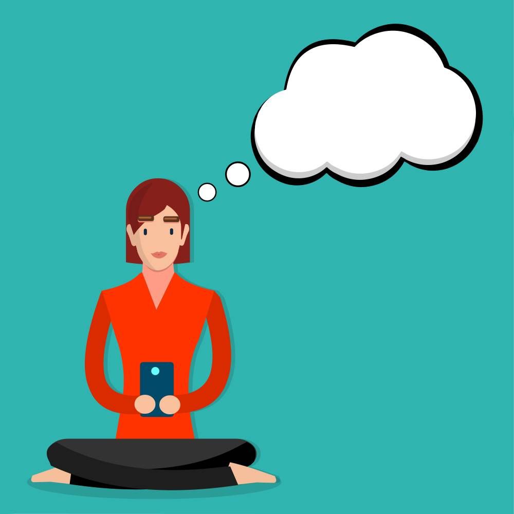 Illustration of a woman looking at a phone with an empty thought bubble.