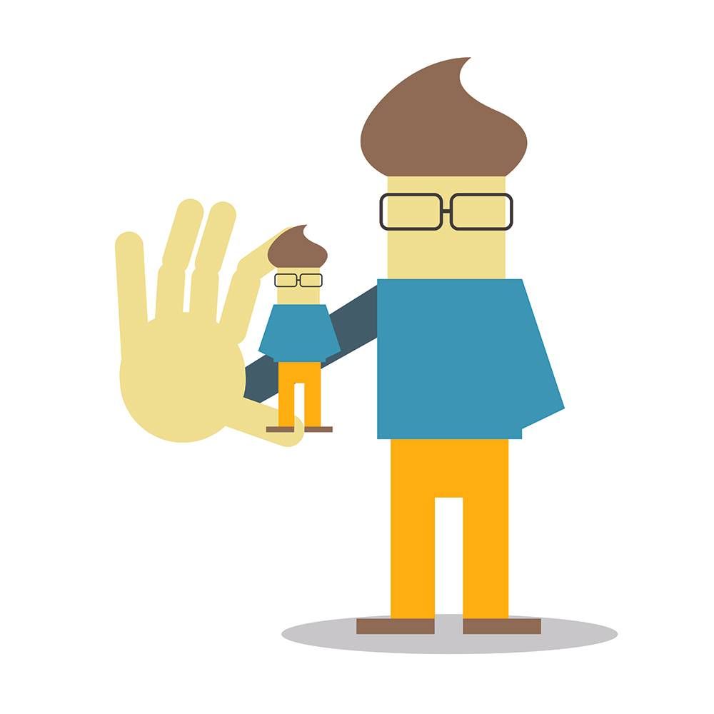 An illustration of a man holding a smaller version of himself. Rewire PBS Work copycat