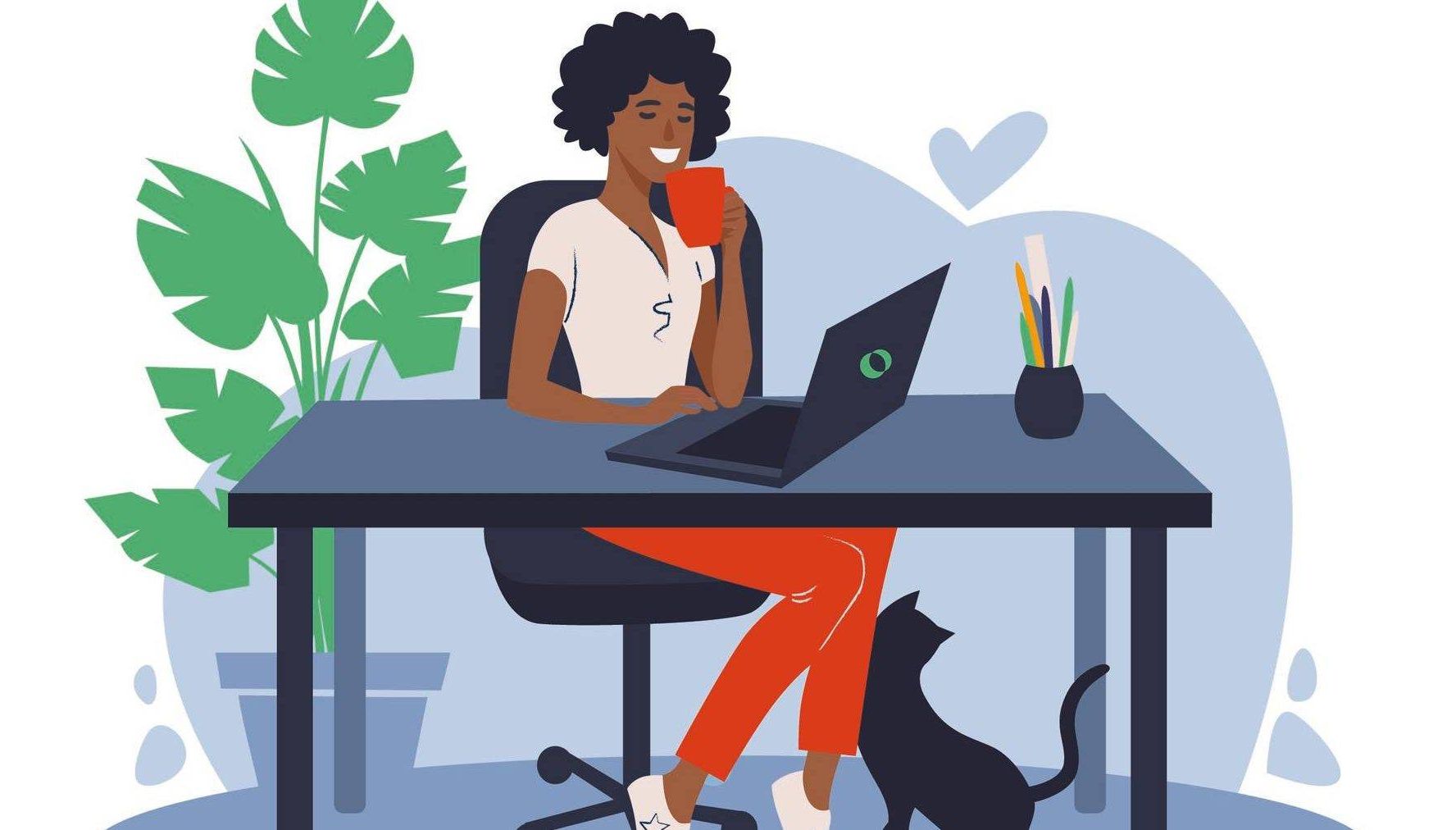 Illustration of woman sitting at a desk. Rewire PBS Work Negotiate Salary Benefits