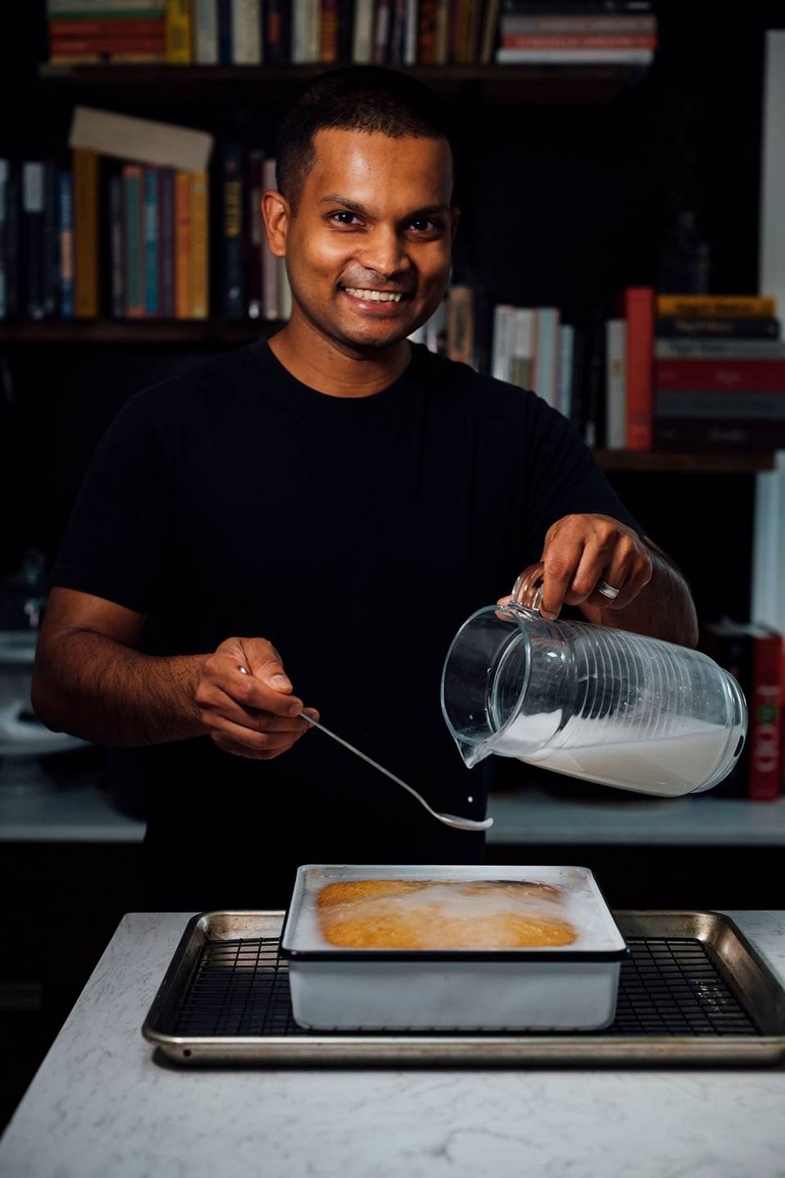 Photo of Nik Sharma in the kitchen. Rewire PBS Living Cooking