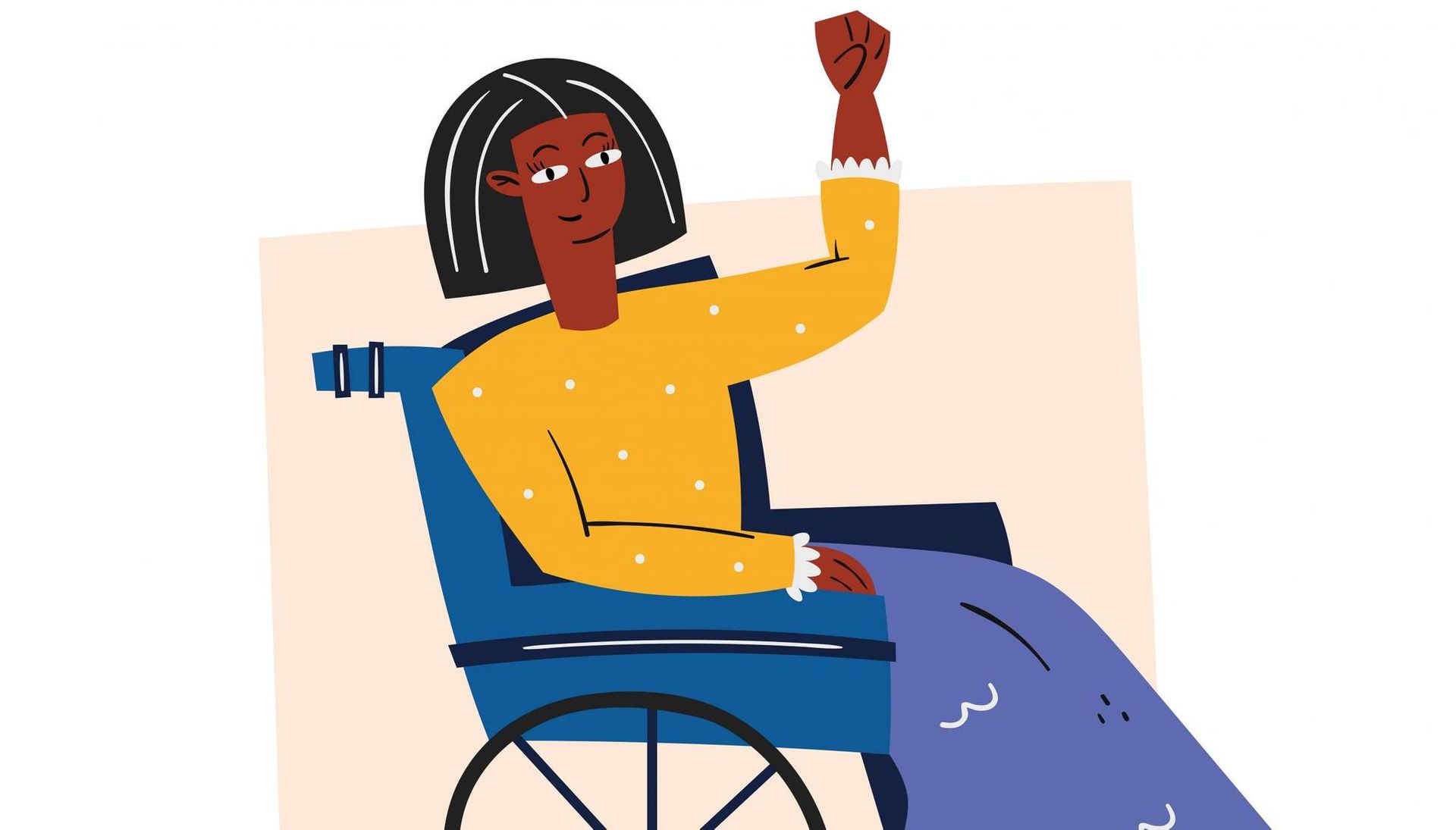 Woman in wheelchair with raised fist. Rewire PBS Our Future Disabled