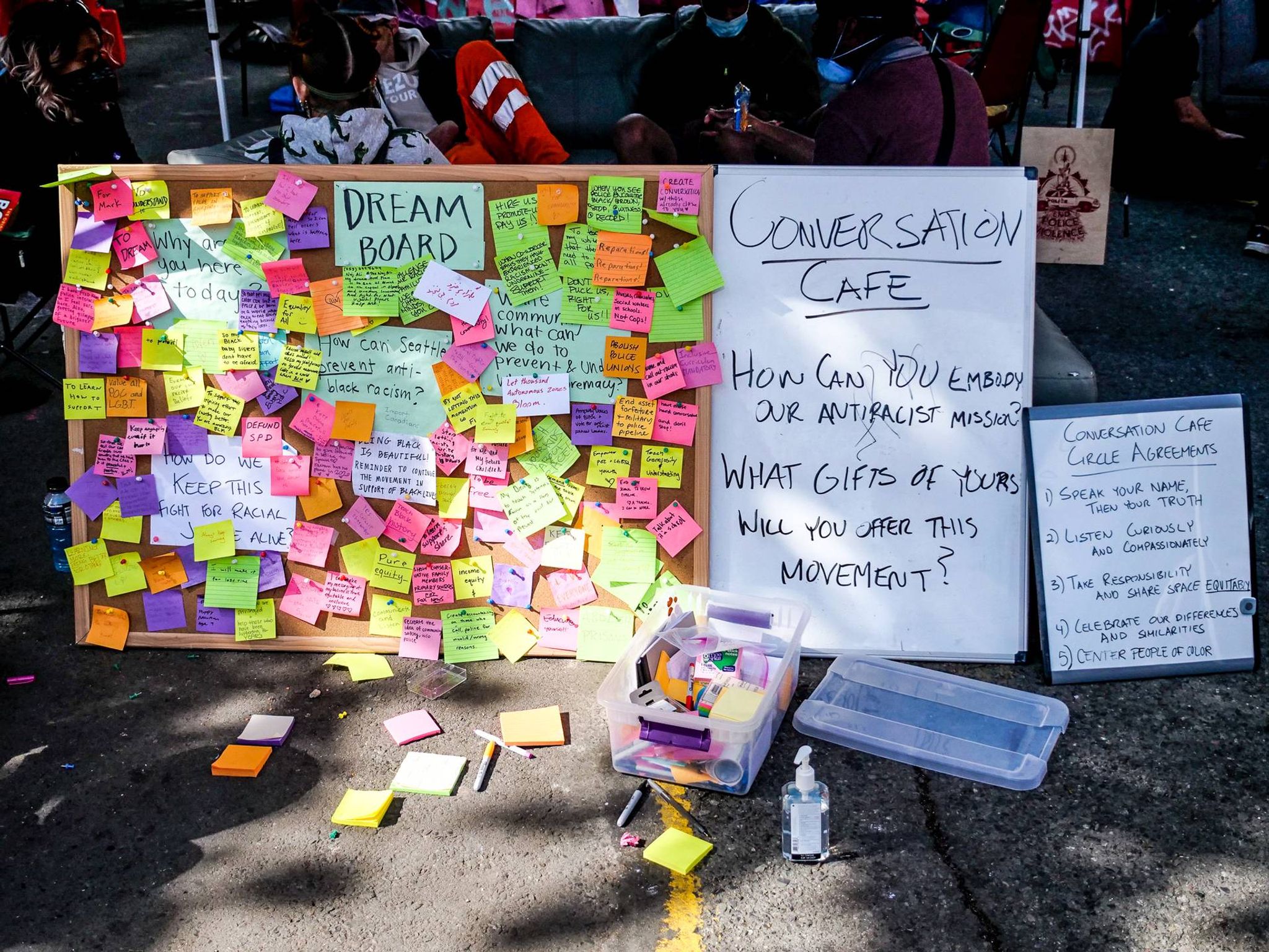 Conversation cafe board at the Capitol Hill Occupied Protest in Seattle. Rewire PBS Our Future CHOP