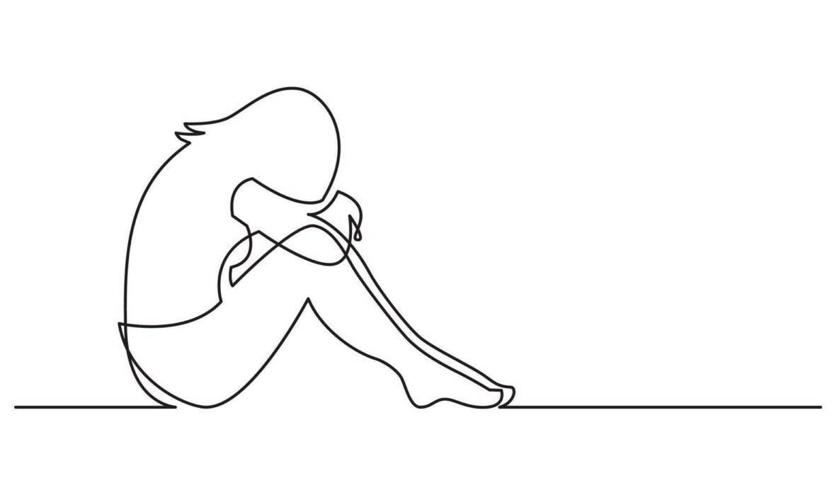 Line drawing of a sad woman sitting with her head against her knees
