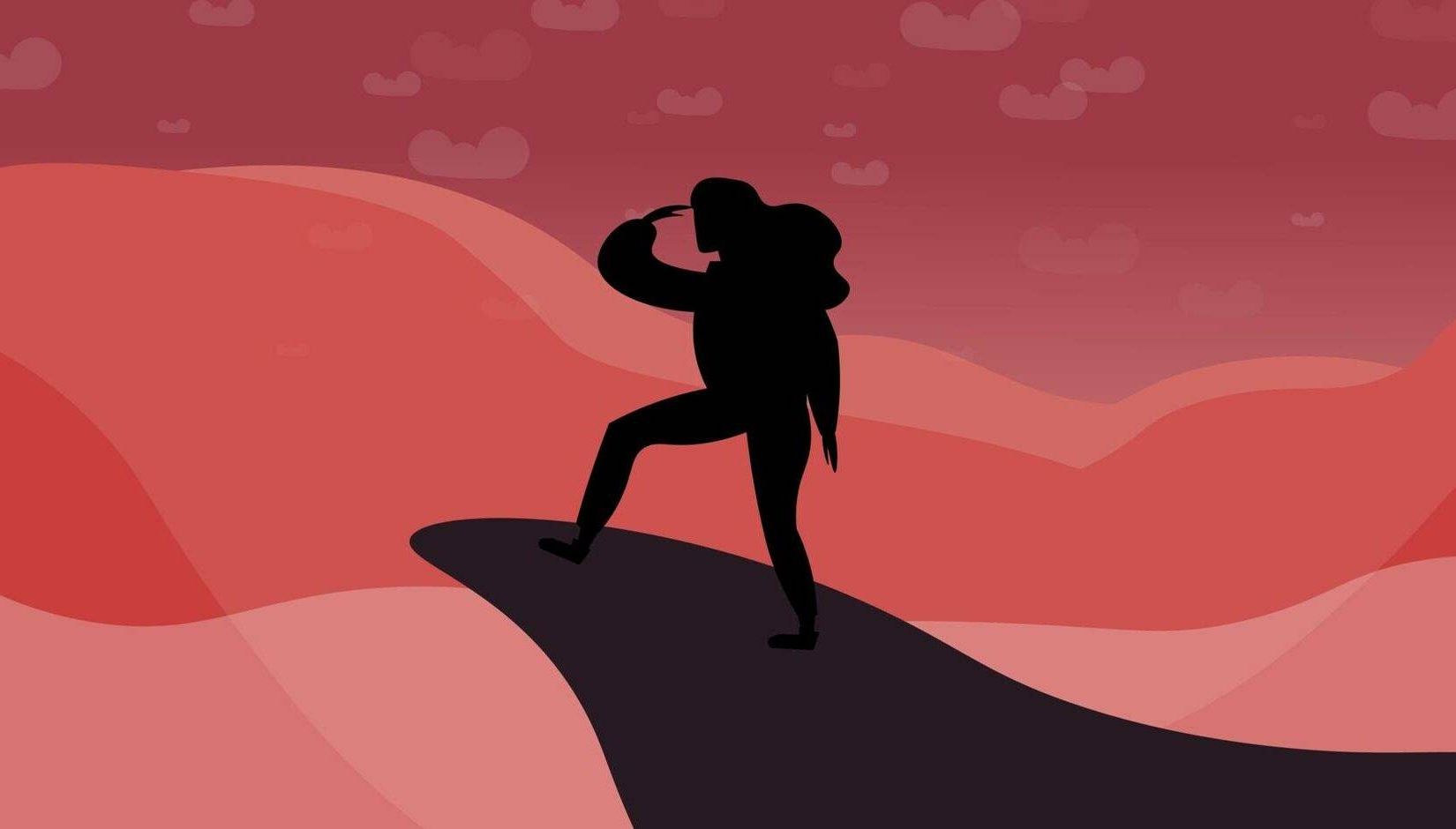 Illustrated silhouette of a traveler standing on top of a mountain