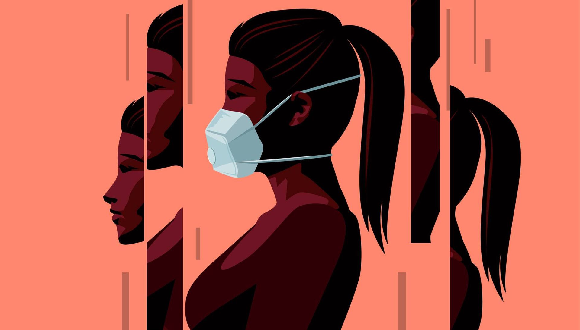Illustration of a woman wearing a face mask during the Covid-19 coronavirus outbreak.